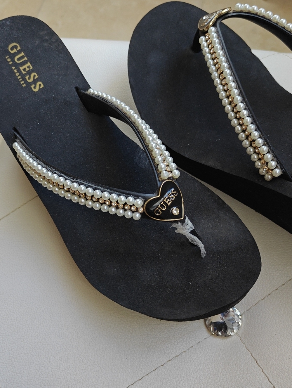 GUESS Black Flip Flops with Pearl-Trimmed Straps